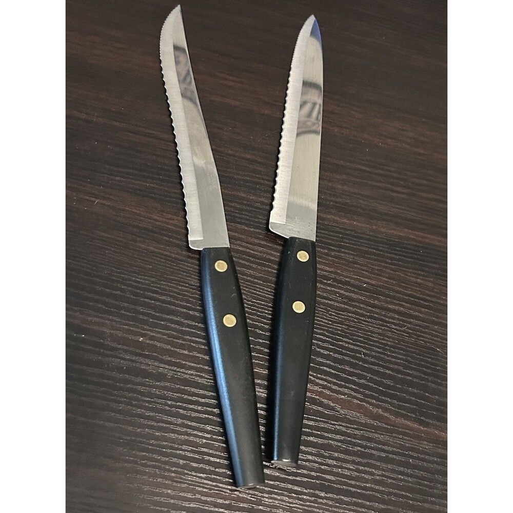 Lot of 2 Lucerne Stainless Steel Serrated Steak Knives Black Rivet Handles USA